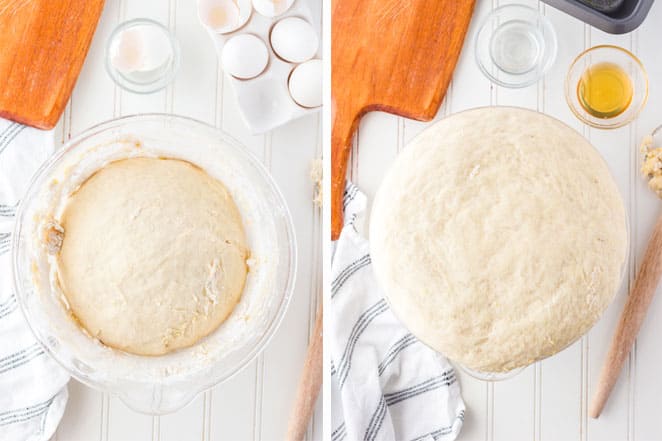 bread dough rising in a clear bowl