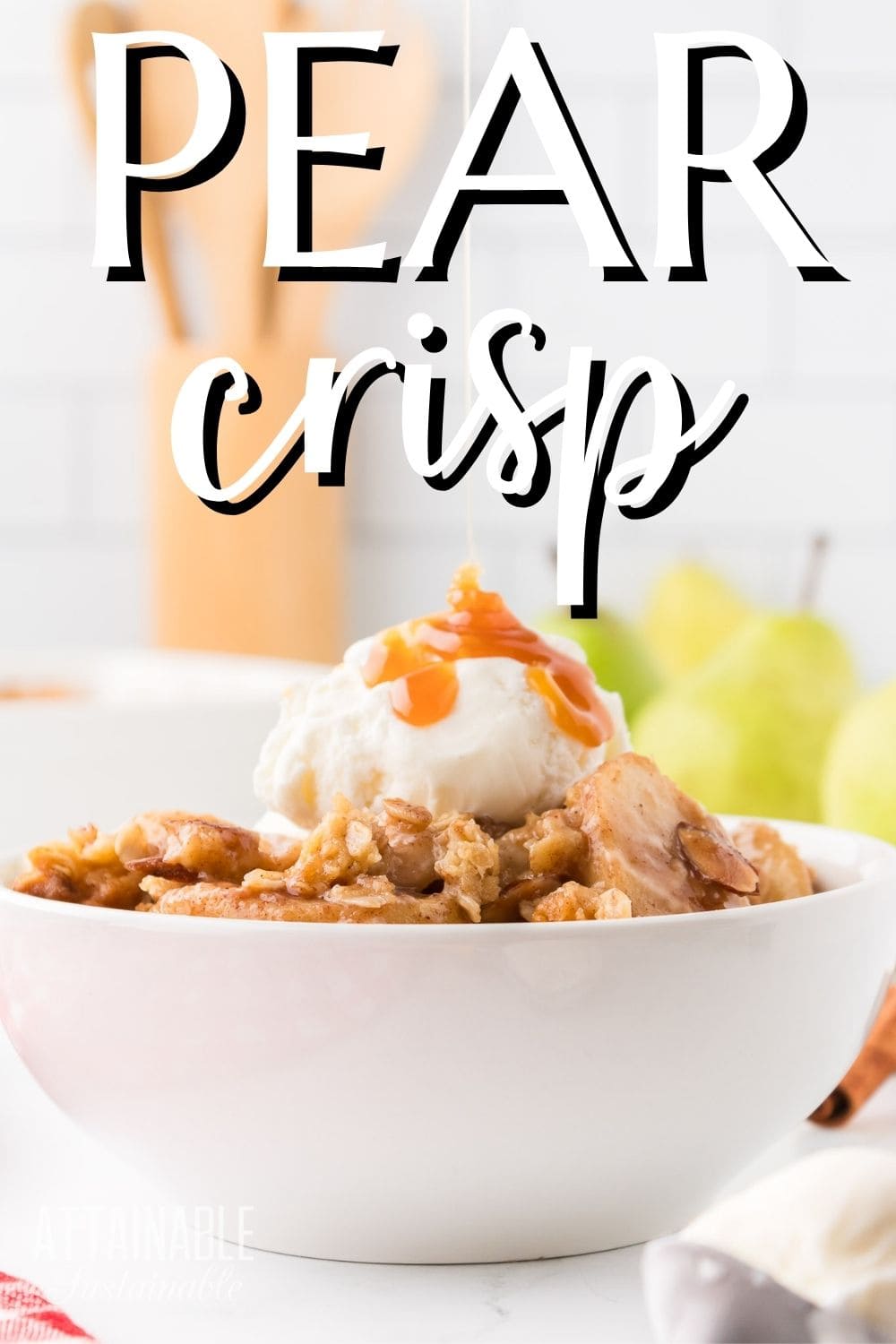 bowl of pear crisp topped with ice cream.