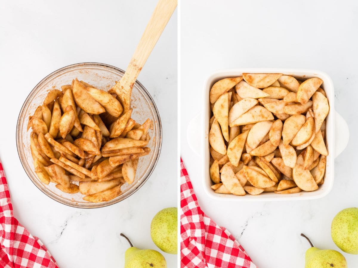 bowl of sliced pears tossed with cinnamon and a pan full of prepared pears.