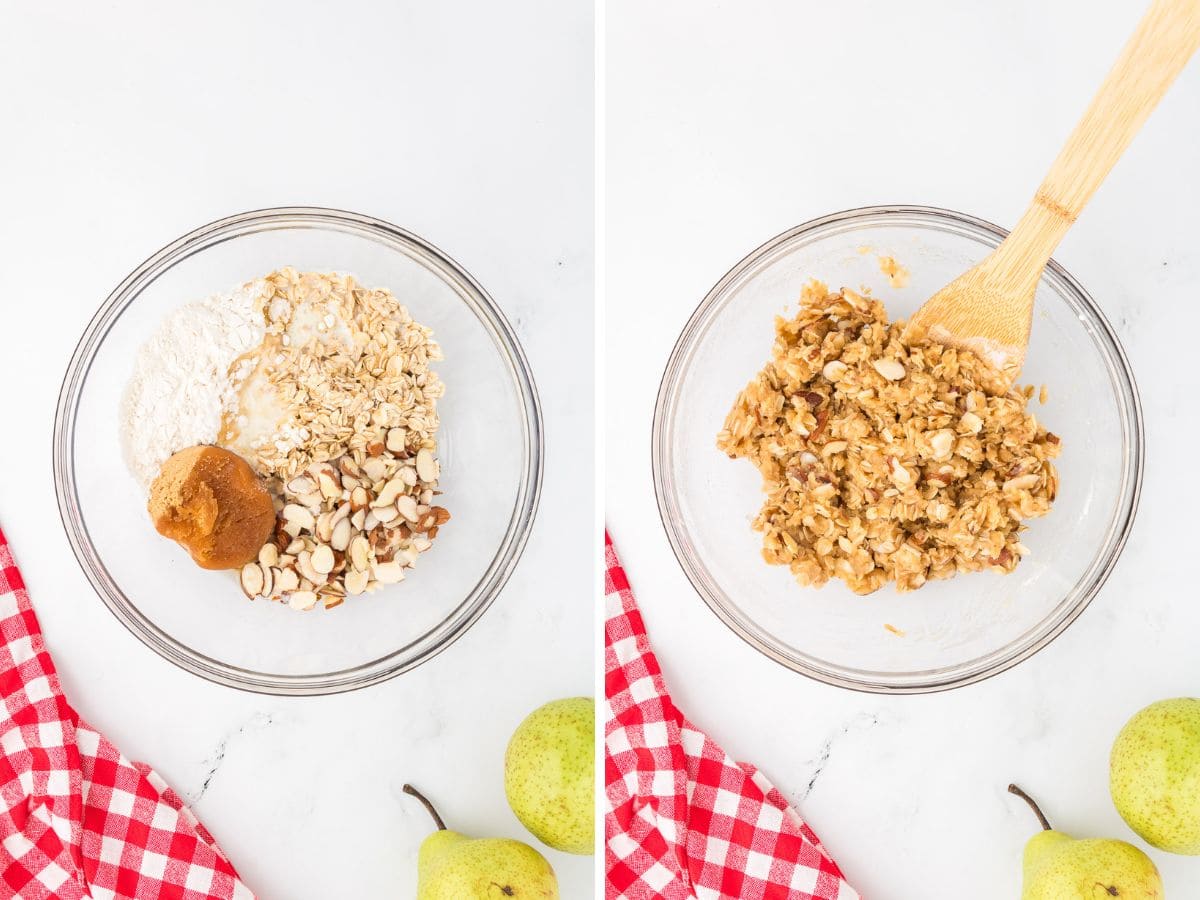 2 panel showing topping ingredients before and after mixing.