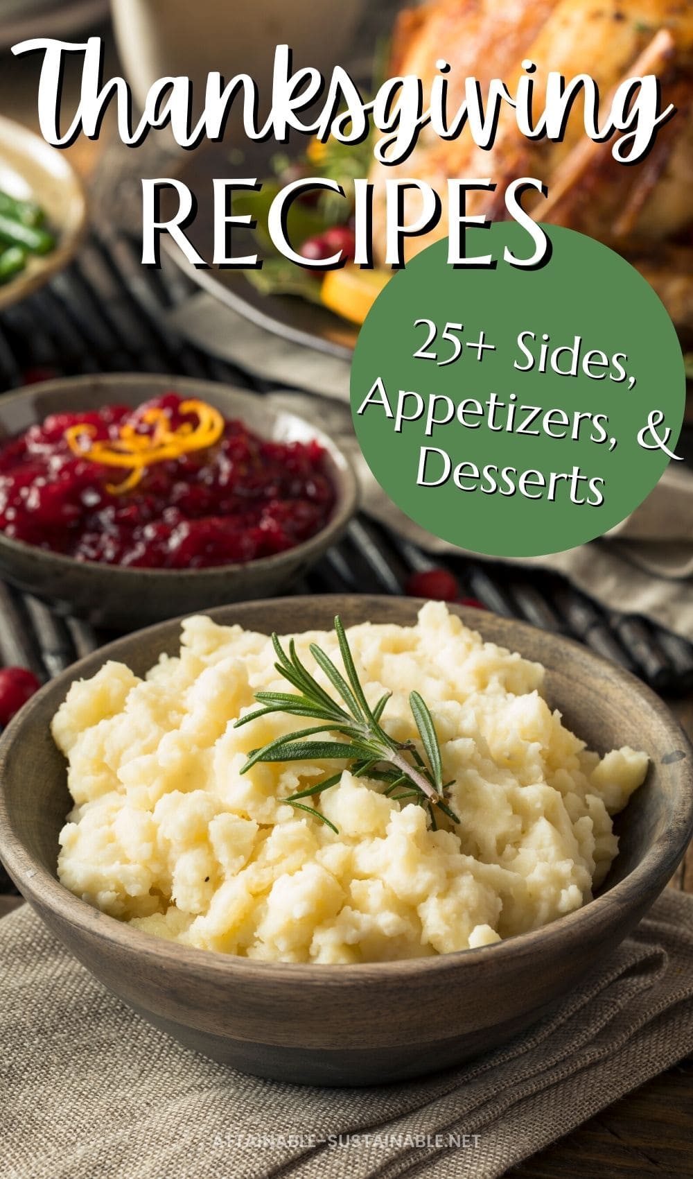 bowl of mashed potatoes prominent among other thanksgiving side dishes