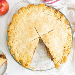 apple pie with one slice removed, from above.