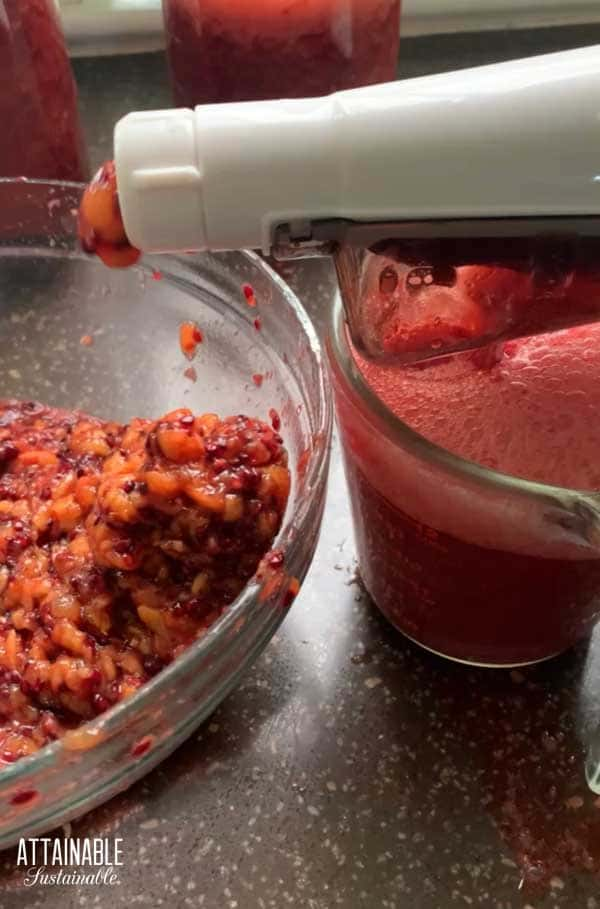 spout of electric food mill, with two bowls of pulp and juice