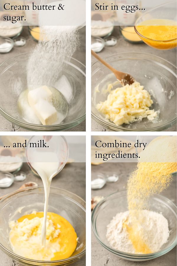 4 panel showing the process of adding each ingredient to a glass bowl.