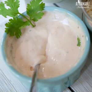 spoon in a teal bowl of pink spicy mayo