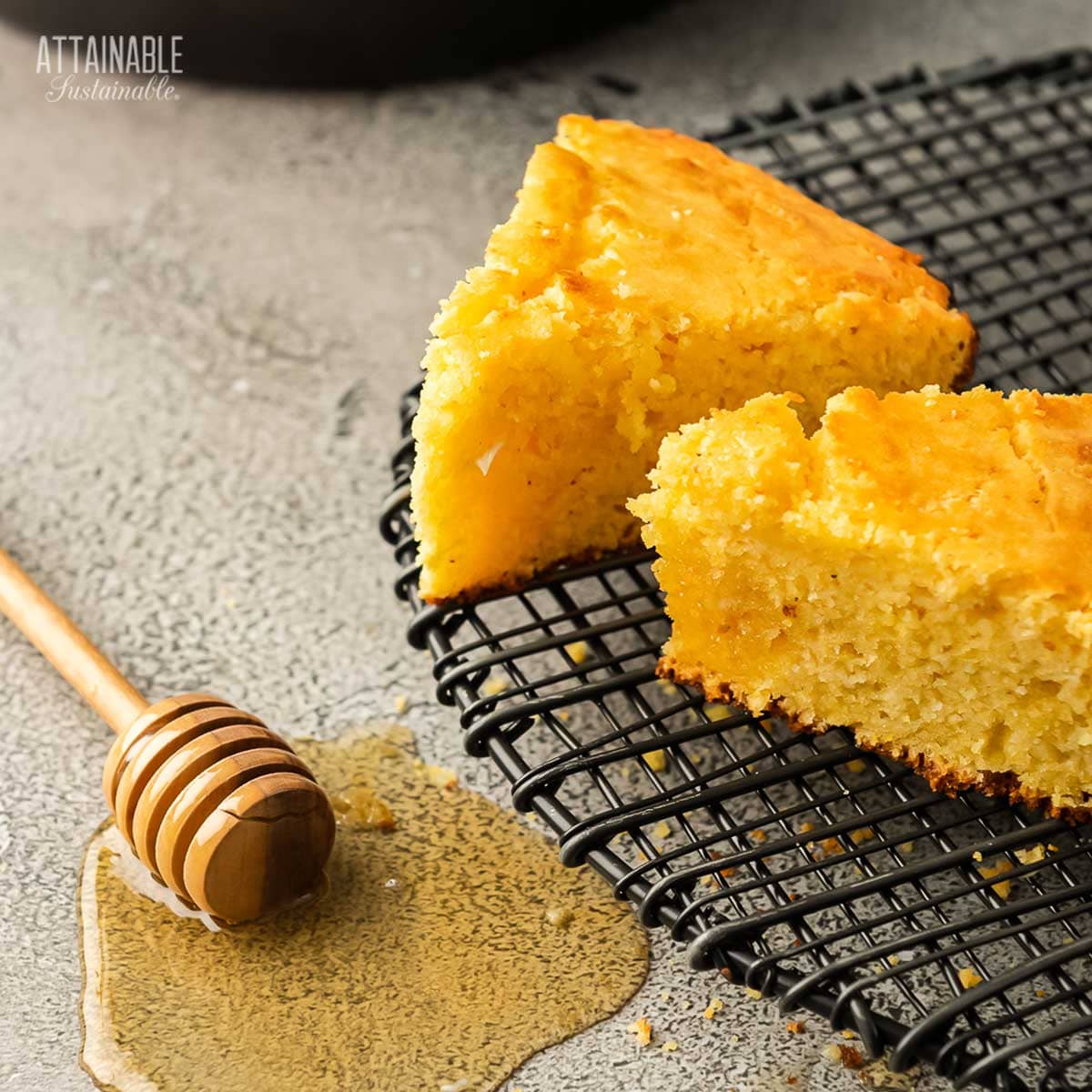 wedges of cornbread on a wire rack.