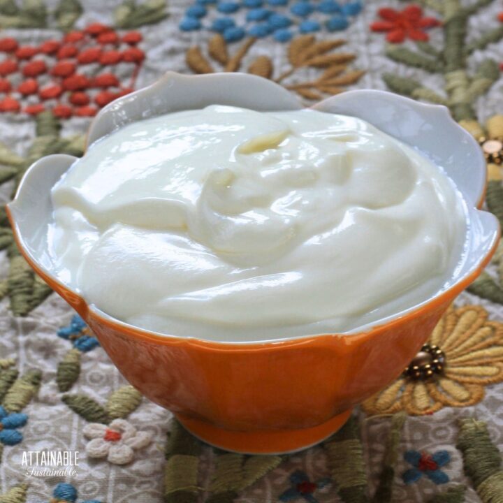 homemade creme fraiche in a tulip shaped orange bowl.