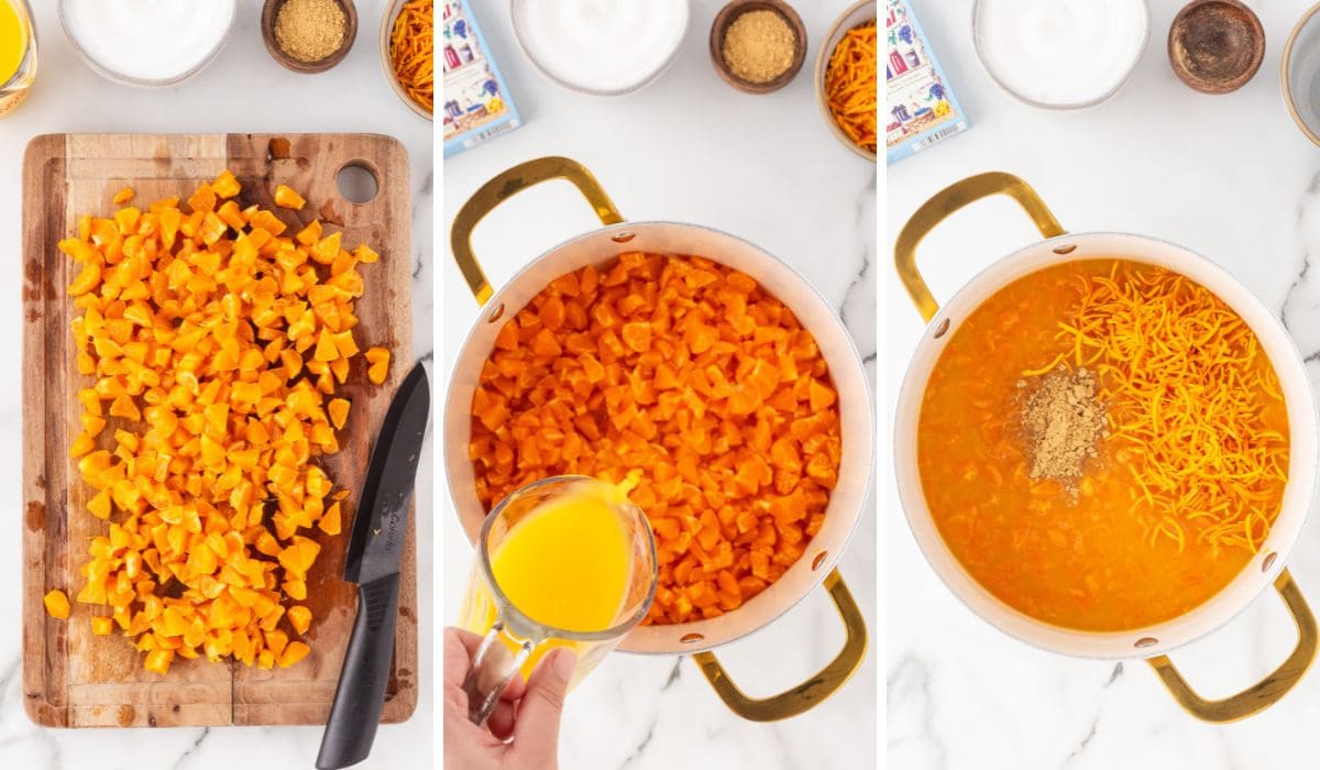 3 panel showing process of cutting tangerines and adding to pot with other ingredients.