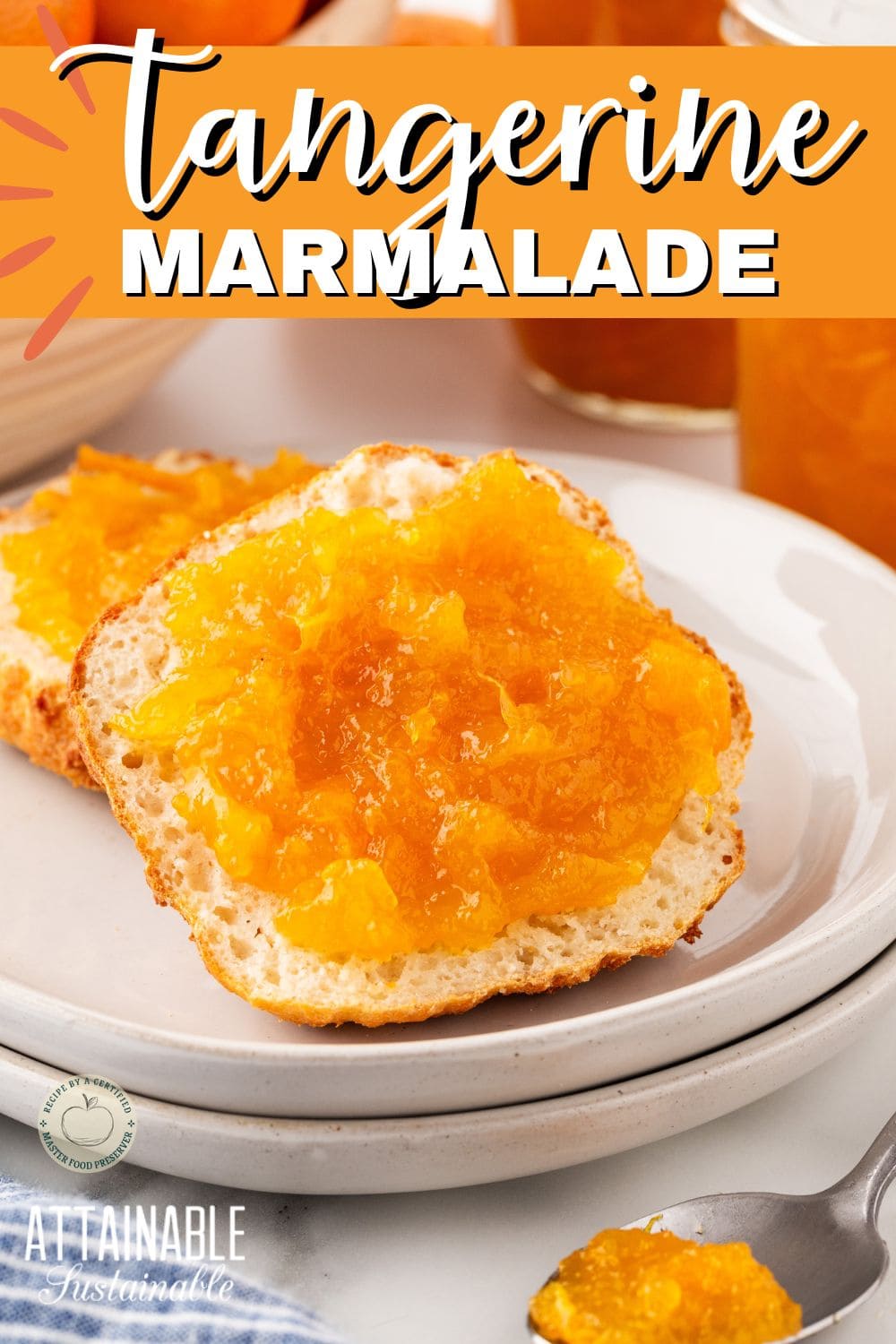 two slices of toast with marmalade on white plates.