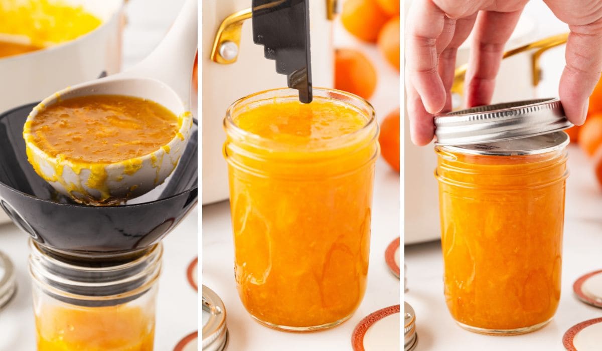 3 panel showing filling the jars and screwing on the lid.