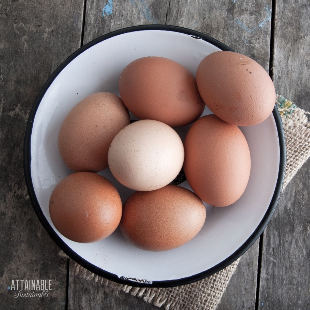 brown eggs in a white enamelware bowl.