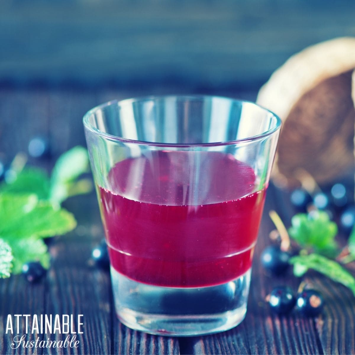 Black currant cordial in a shot glass. 