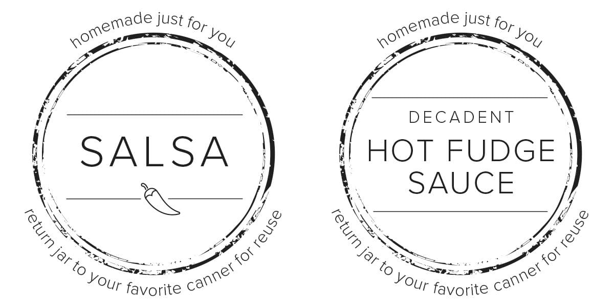 two canning labels, salsa and hot fudge sauce.