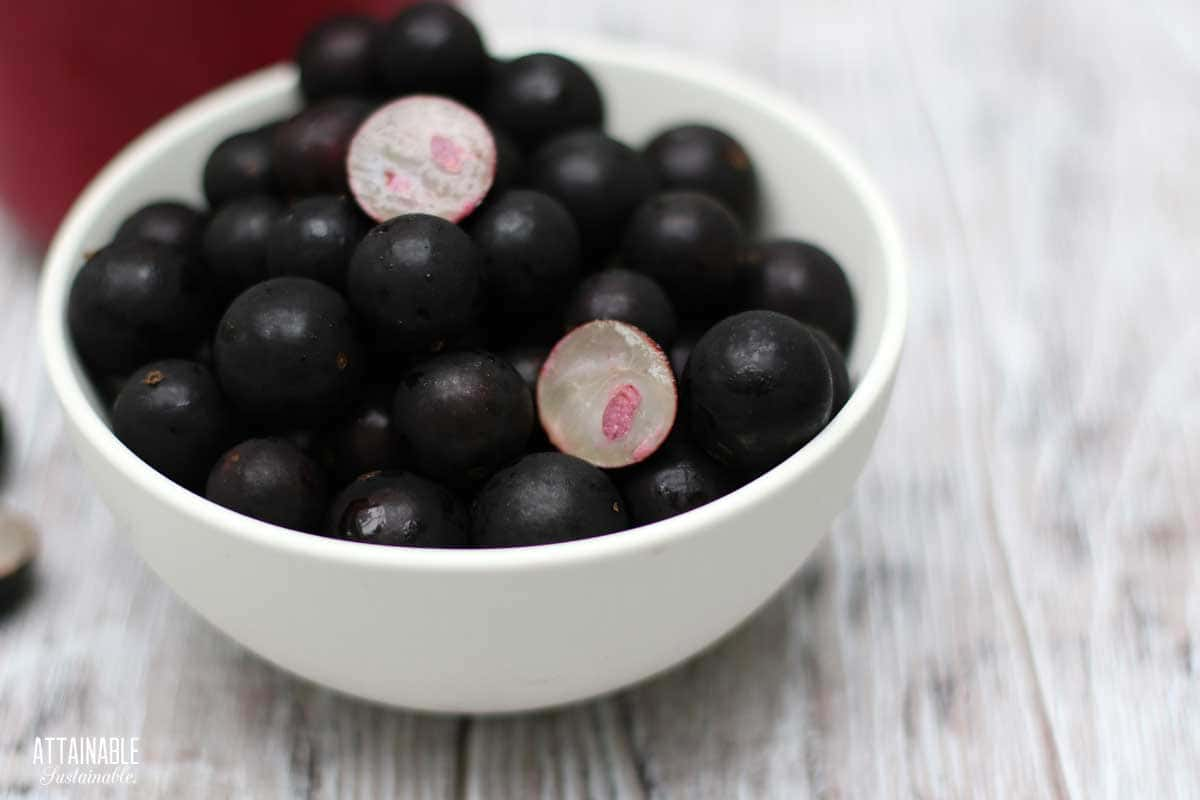 jabuticaba fruit, some cut open to show white flesh.