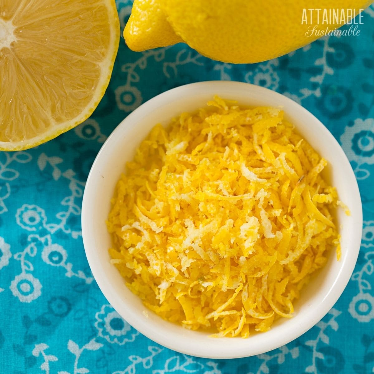 white bowl full of lemon zest from above.