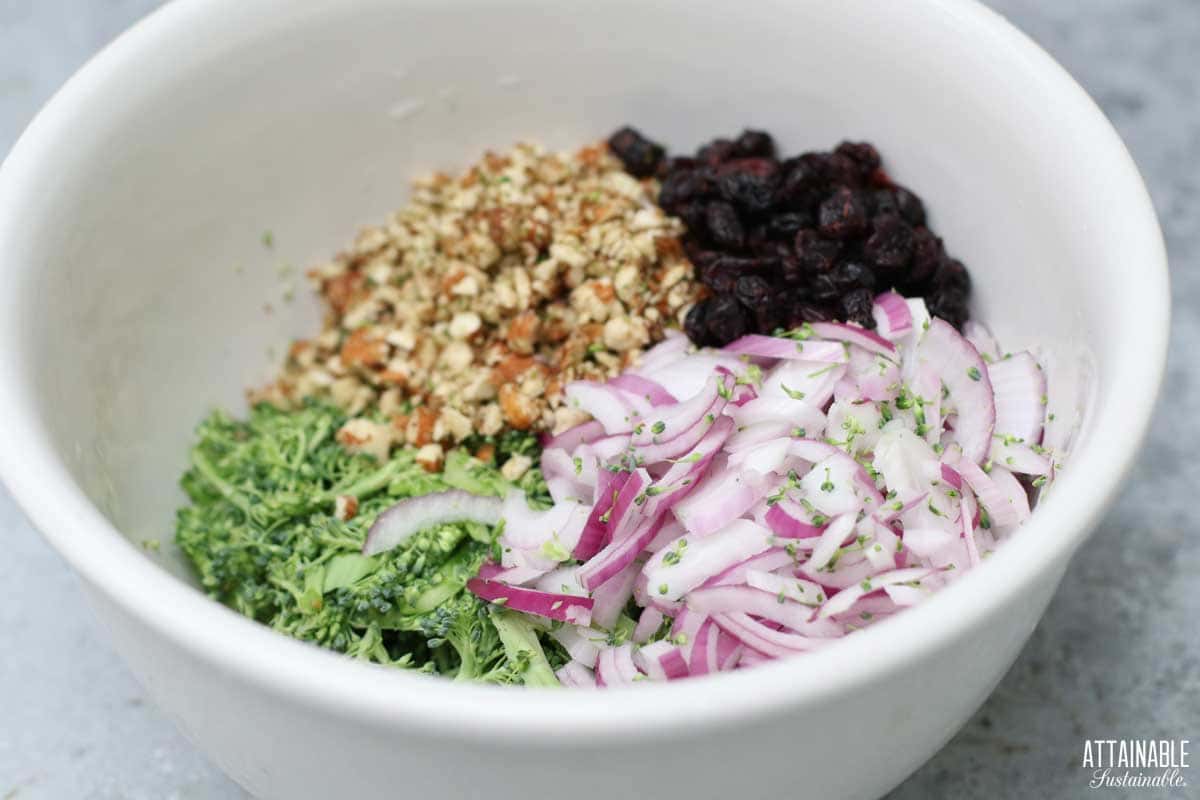 ingredients for broccoli salad in a bowl.