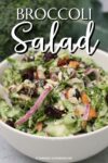 broccoli salad with red onions in a white bowl.