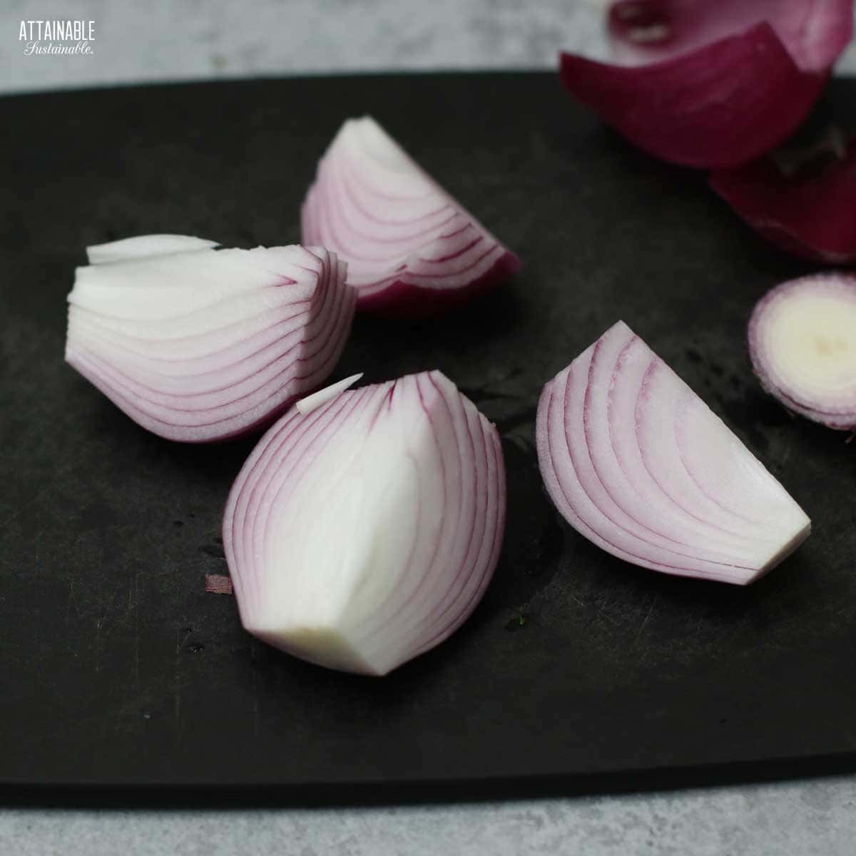 red onion cut into quarters.