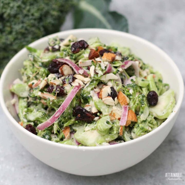 broccoli salad with red onions in a white bowl.