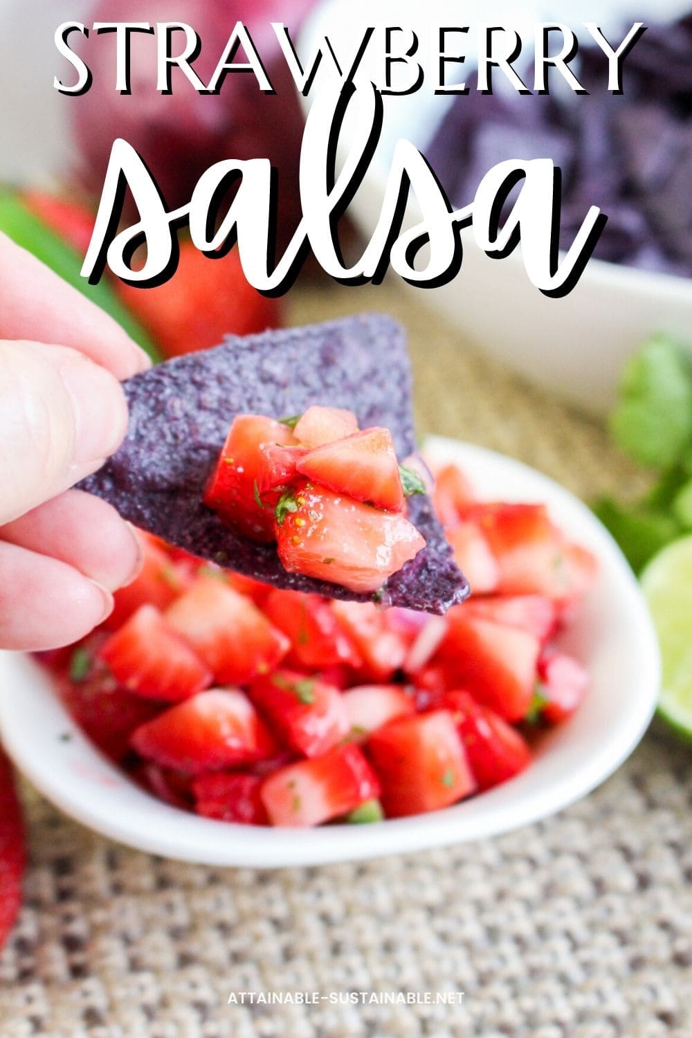 blue corn tortilla chip with salsa on it.