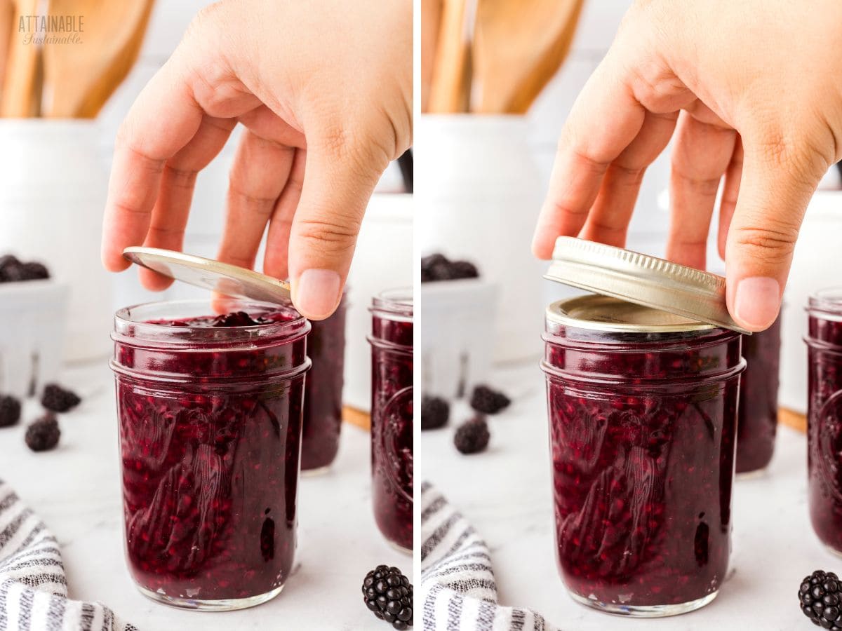 putting lids on blackberry jam.