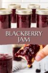 jars of blackberry jam, some spread on toast.