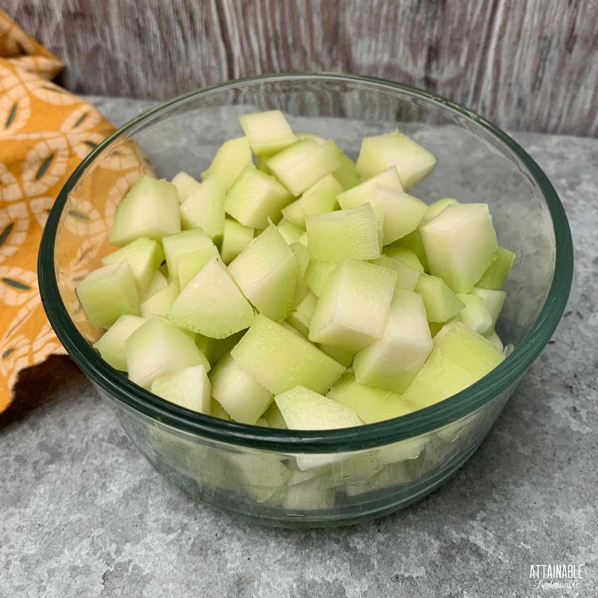 broccoli stems, cubed in a bowl.