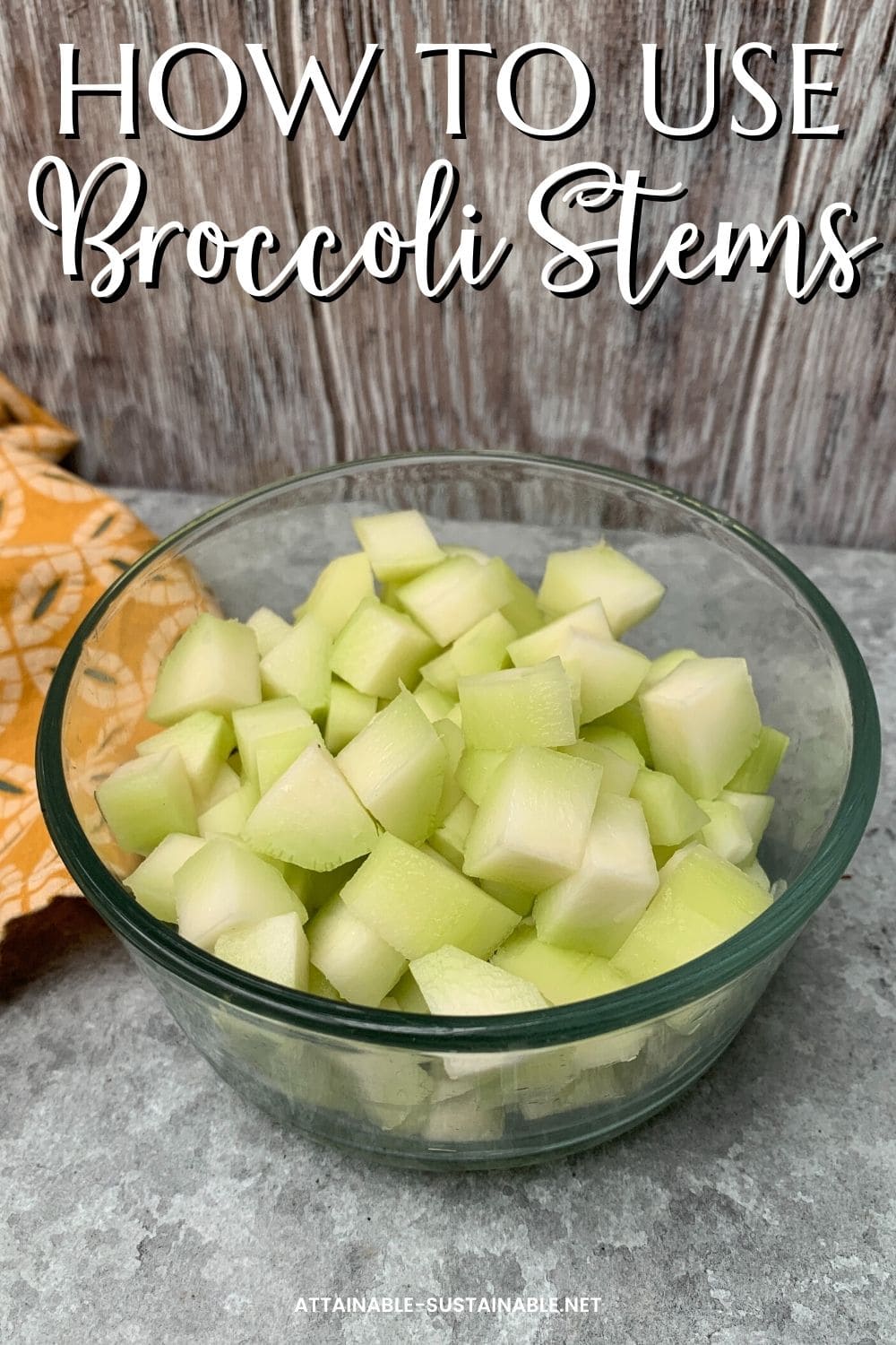 broccoli stems, cubed in a bowl.