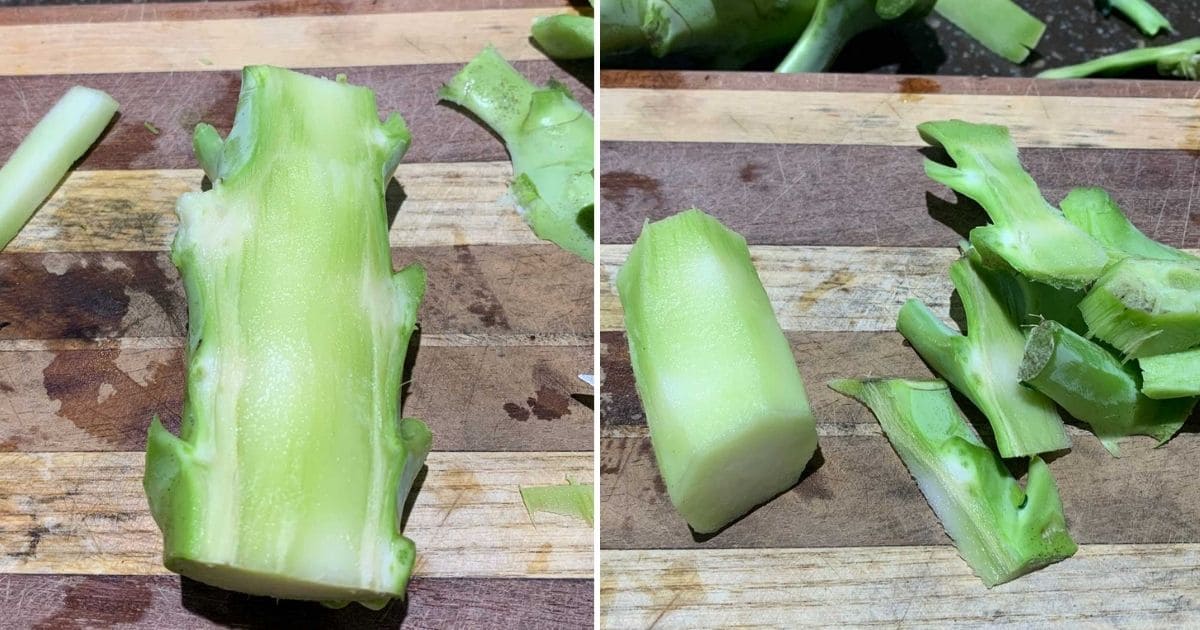 2 images of peeling broccoli stems.