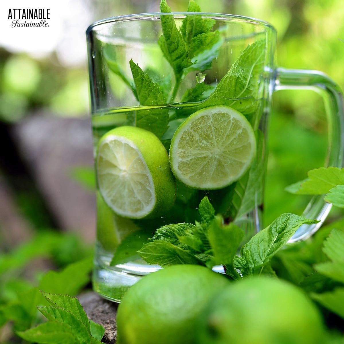 A mint and lime drink in a pitcher.