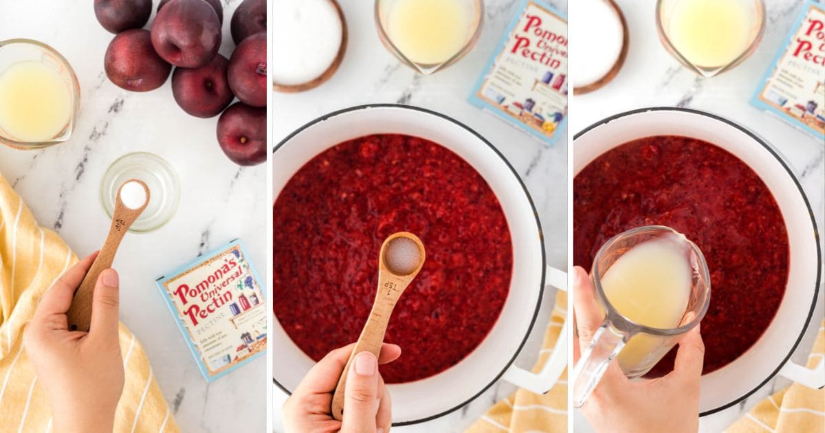 wooden spoon measuring ingredients into purple jam.