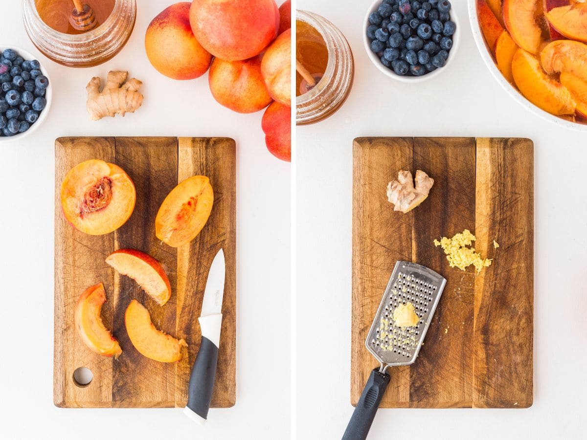 slicing nectarines and microplaning ginger.