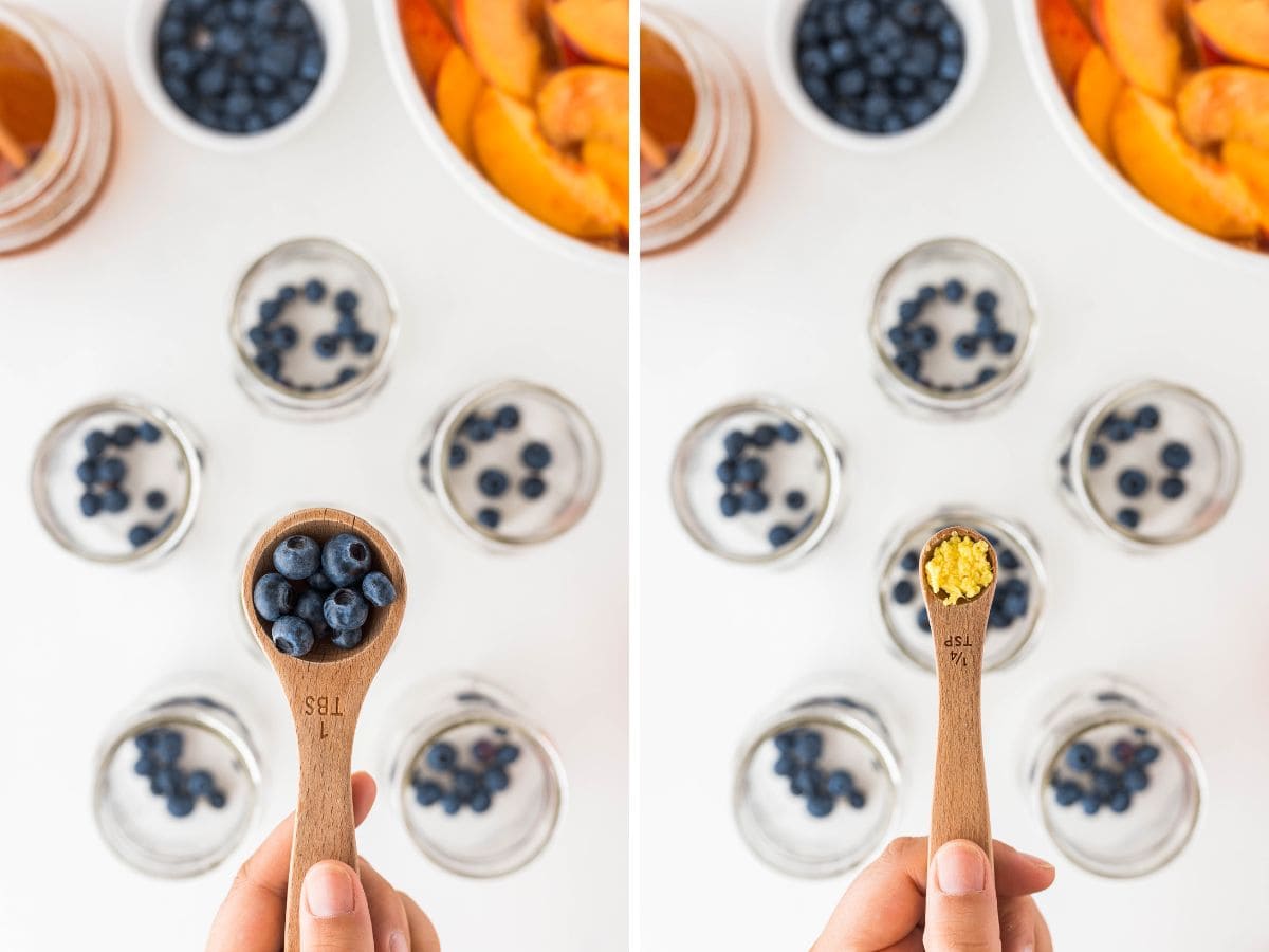 wooden measuring spoons with blueberries and fresh ginger.