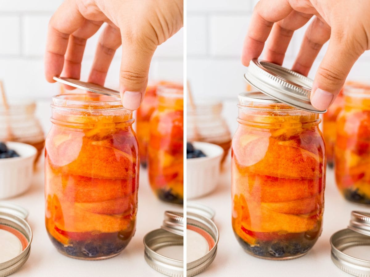 placing the flats and jar rings on canning jars.