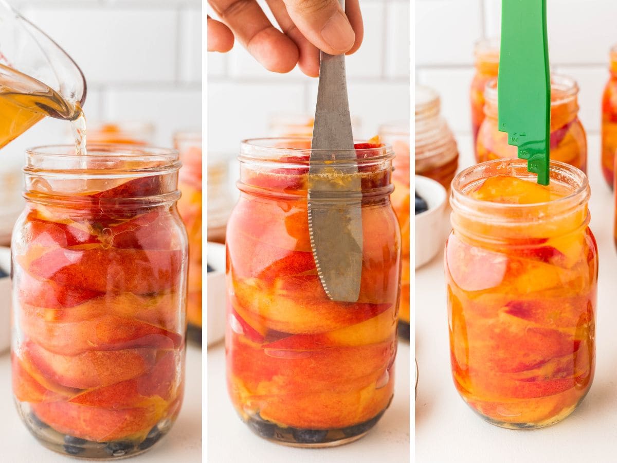 step by step, filling jars with nectarines for canning.