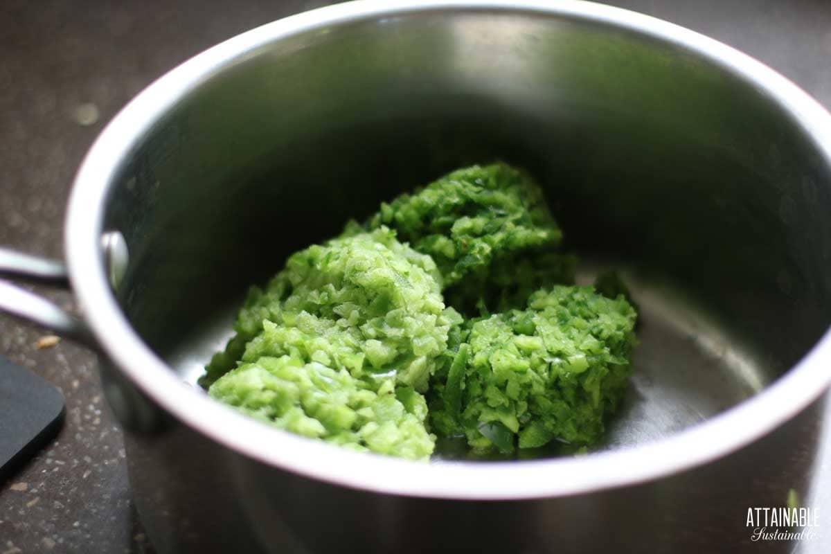 chopped peppers in a pot.