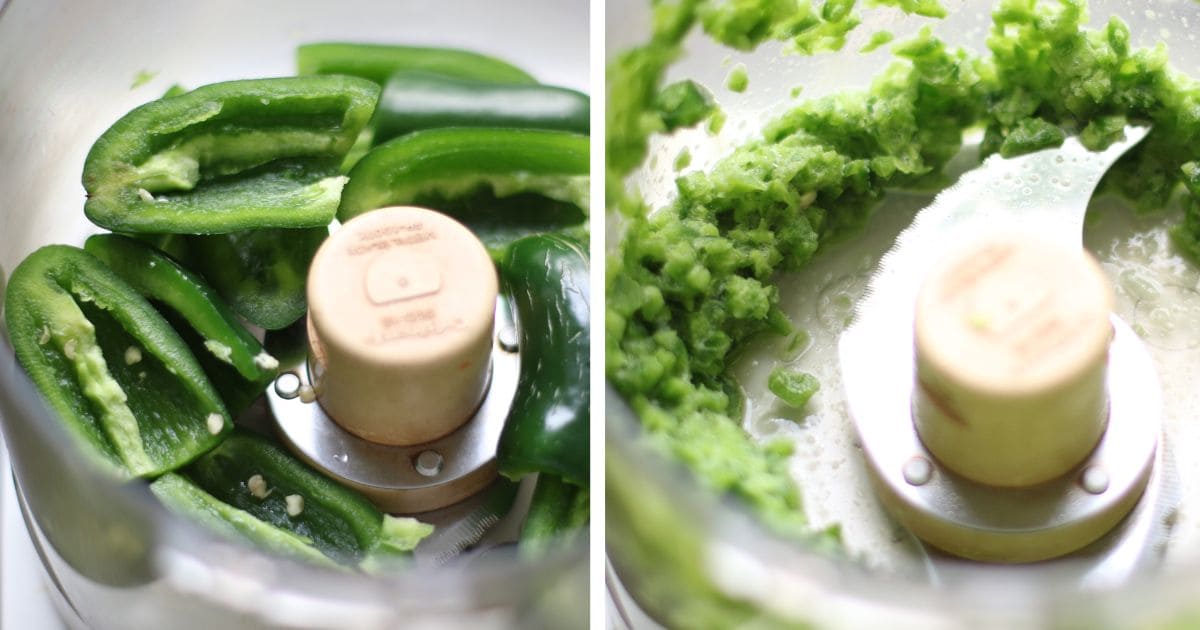 peppers in a food processor, before and after.