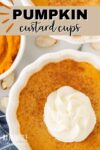 pumpkin custard in scalloped white cups with a dollop of whipped cream, from above.