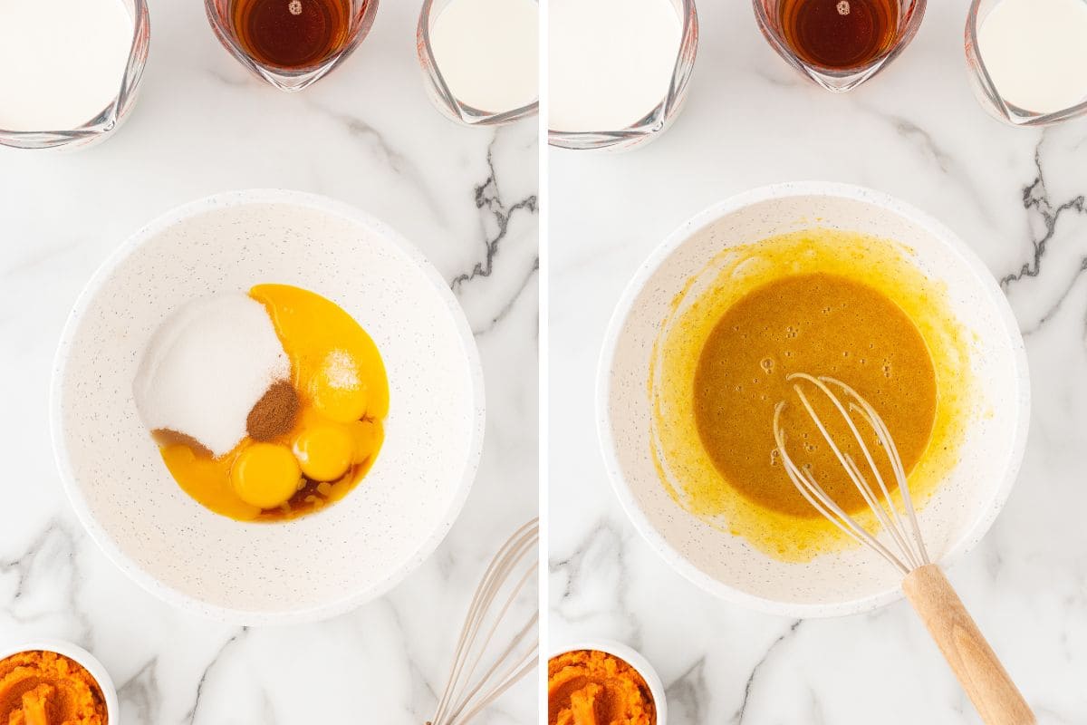 2 panel, with pumpkin and egg mixture before and after whisking.