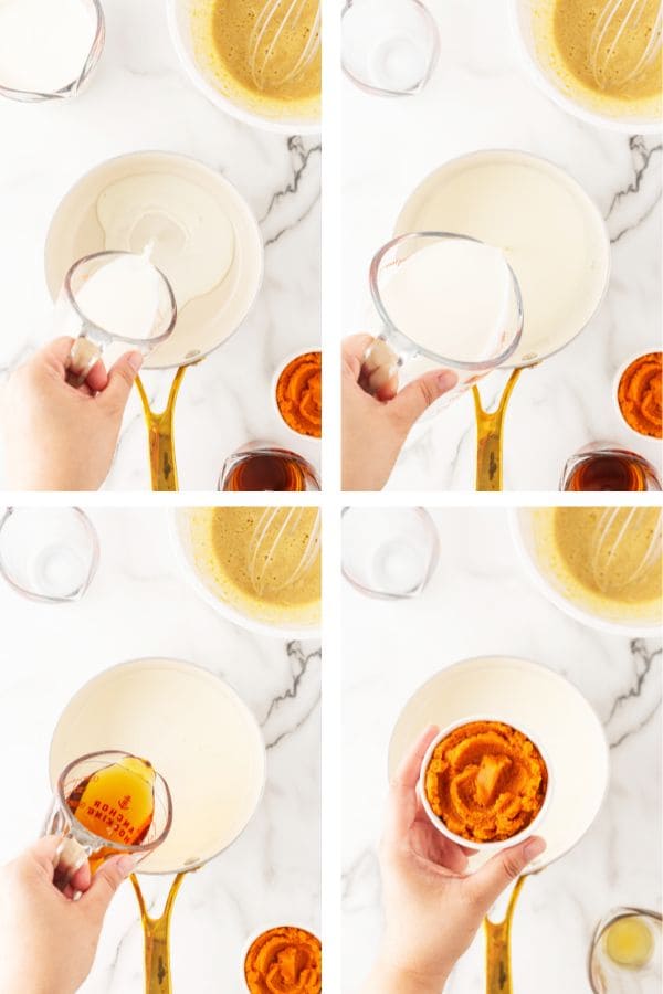 4 panel showing adding each ingredient to the saucepan.