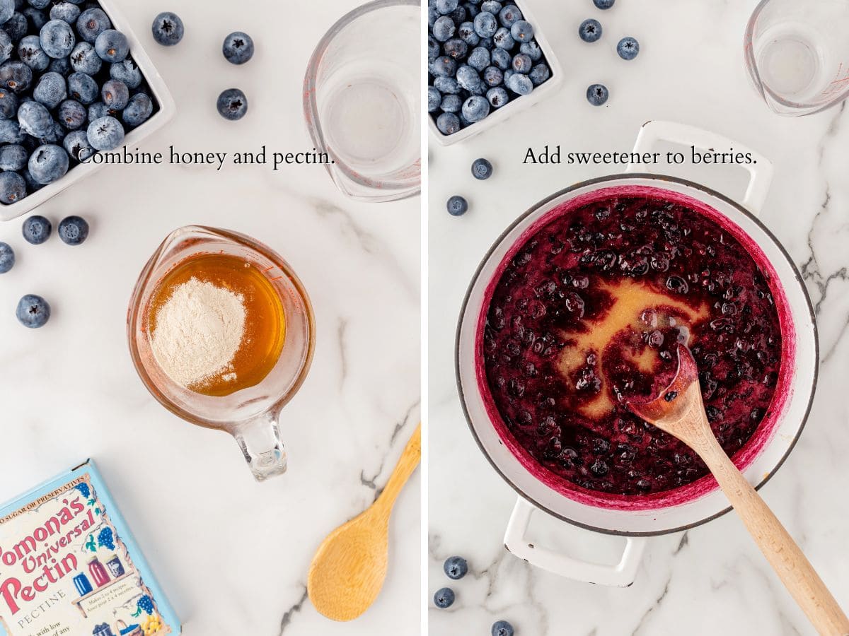 honey in a measuring cup with pectin and a pot of blueberries with honey added.