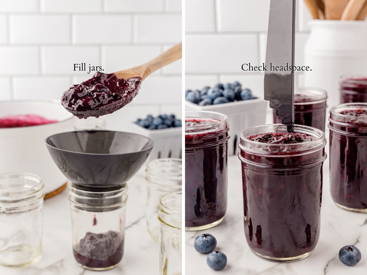spooning blueberry jam into jars through a funnel and using a tool to check the headspace.