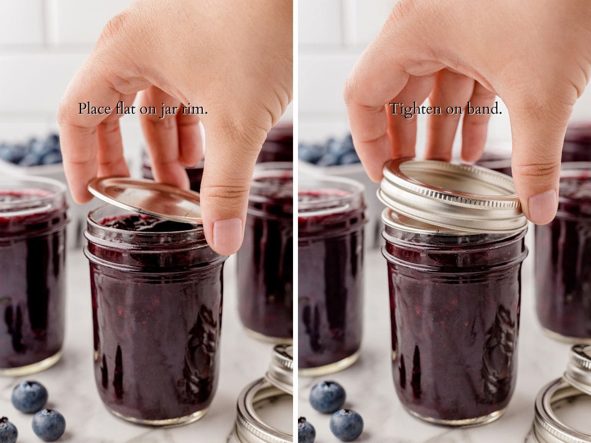 hand placing lid and ring on filled jam jars.