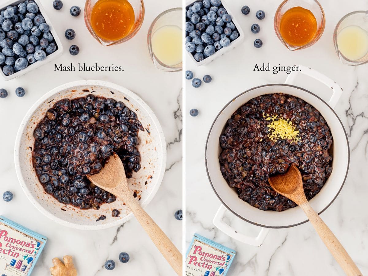 fresh blueberries in a white bowl with a wooden spoon.