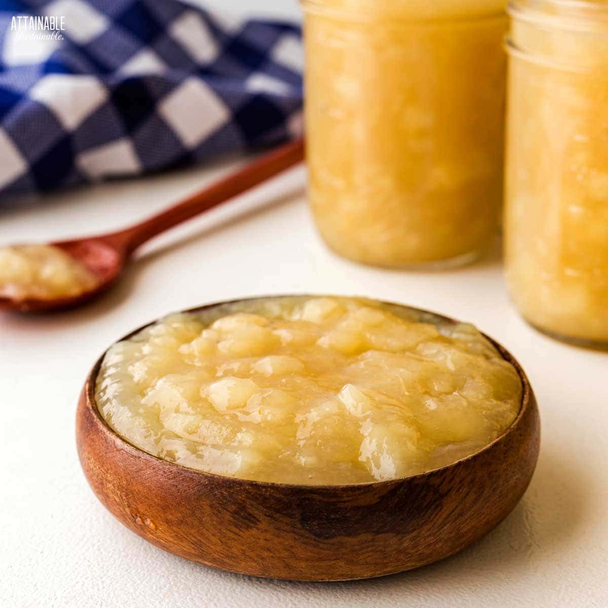 wooden bowl of pear preserves.