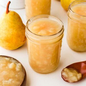 open jar of pear preserves.