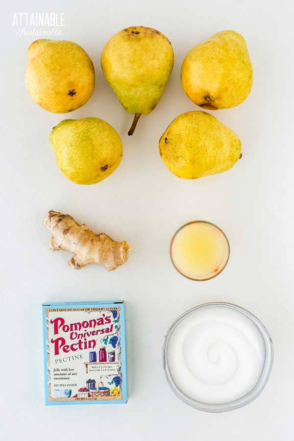 ingredients for pear preserves.