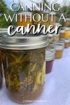 jars of canned goods with text reading canning without a canner.