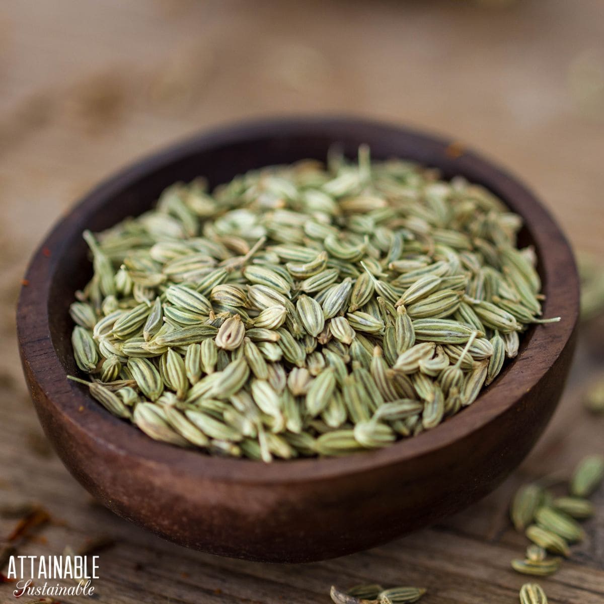 Fennel seeds in a wood bowl.