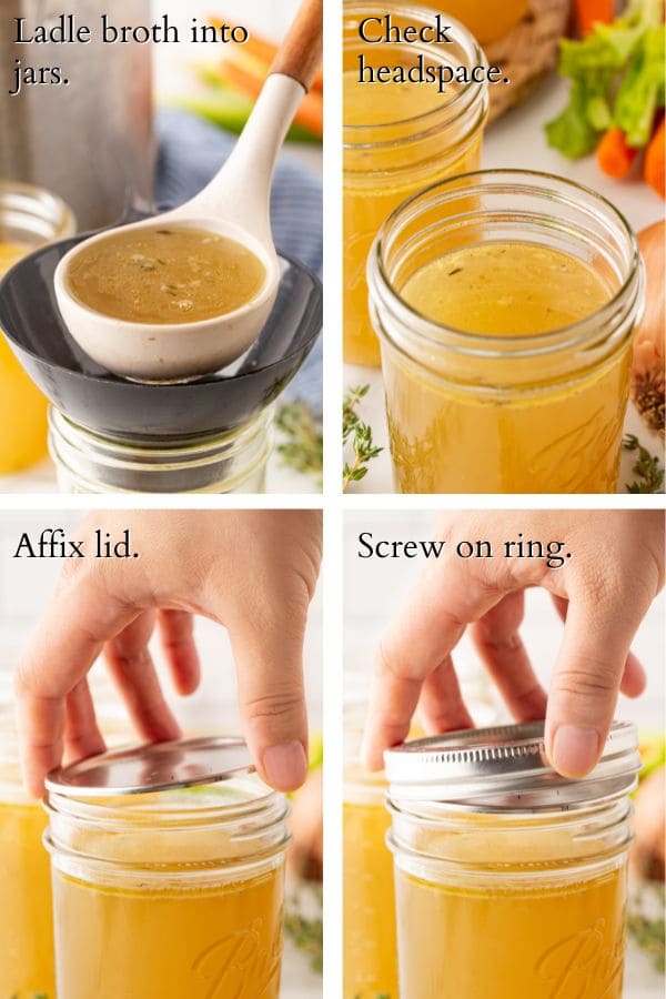 4 panel showing process of canning broth.